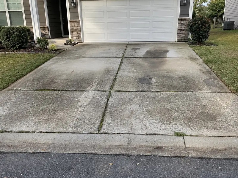 A concrete driveway with oil stains and mildew in the joints