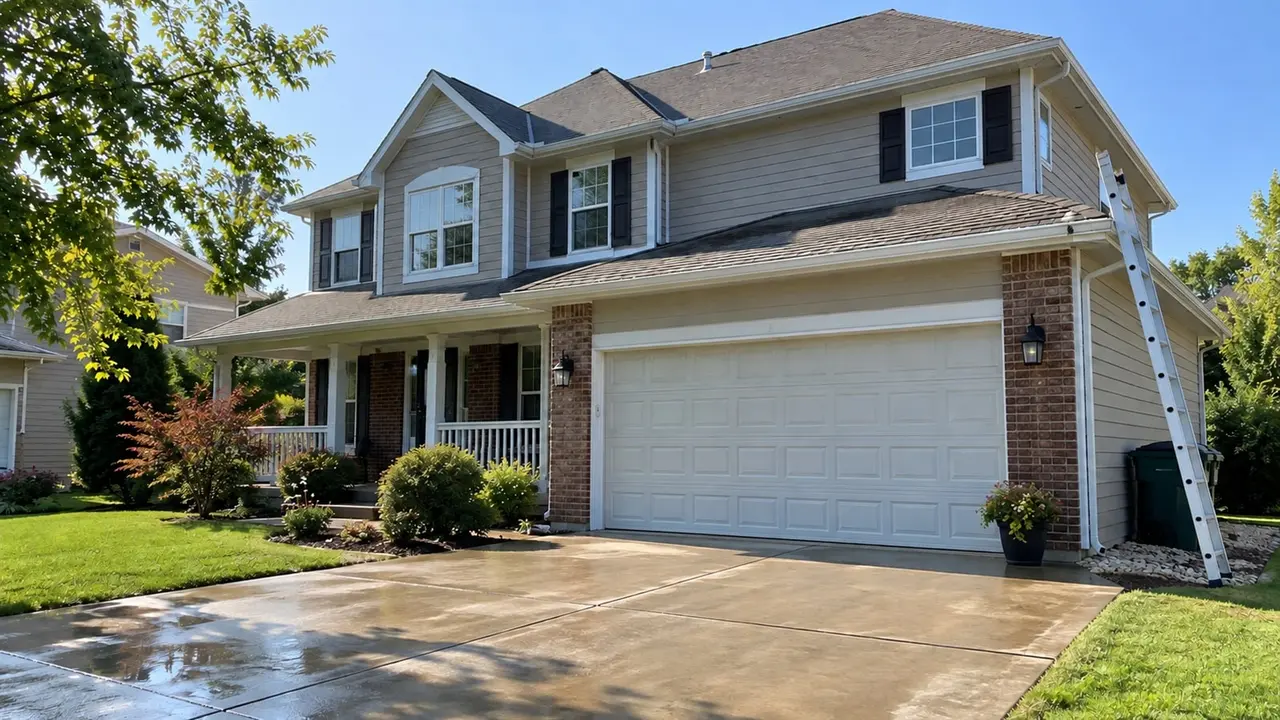 A two-story house with clean white gutters, a freshly washed driveway and a ladder at one corner