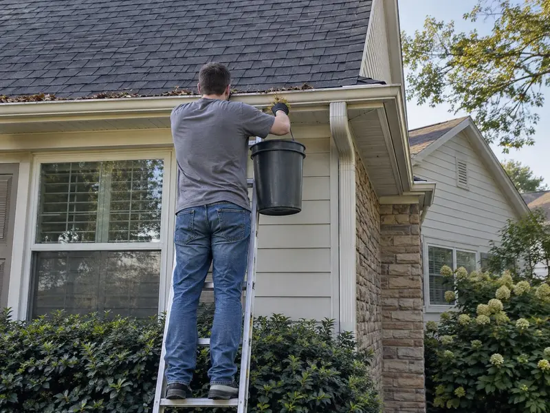 A gutter cleaner on a ladder, scooping leaves into a bucket